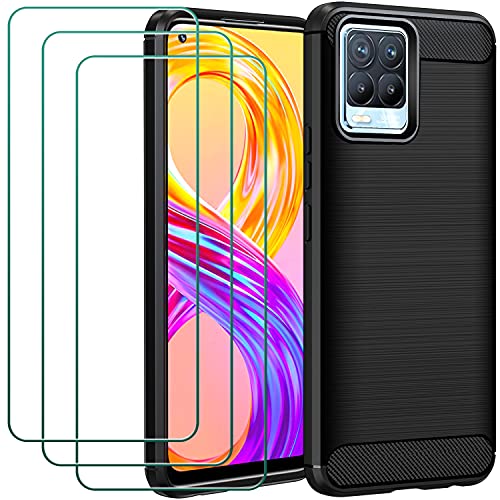 ivoler Funda para OPPO Realme 8 Pro/Realme 8 4G con 3 Piezas Cristal Templado, Fibra de Carbono Carcasa Protectora Antigolpes, Suave TPU Silicona Caso Anti-Choques Case Cover - Negro