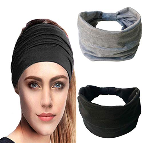 IYOU Diademas anchas para mujer Bandas de pelo anudado Banda de sudor negro Diadema de algodón para mujeres y niñas (paquete de 2)