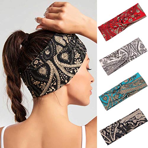 IYOU Diademas Boho Yoga Banda de sudor elástica Deporte Cintas para el cabello elásticas Cintas de pelo para fitness para mujer y niñas (paquete de 4)