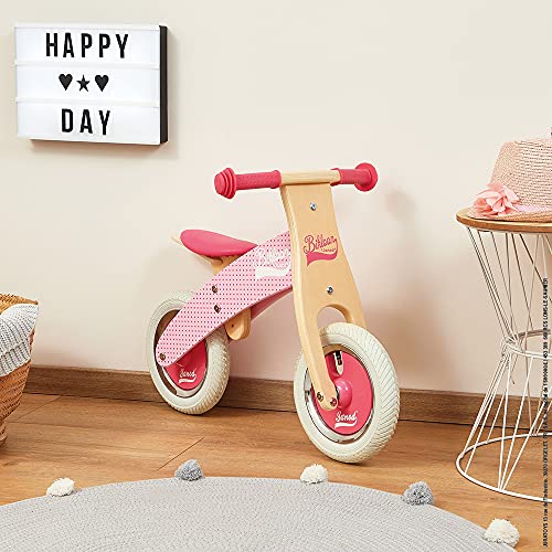 Janod - Mi primera Bicicleta sin pedales Bikloon - Madera - Aspecto Vintage - Aprendiendo Equilibrio y Autonomía - Silla Ajustable y Neumáticos Inflables - Color Rosa - A partir de 2 años