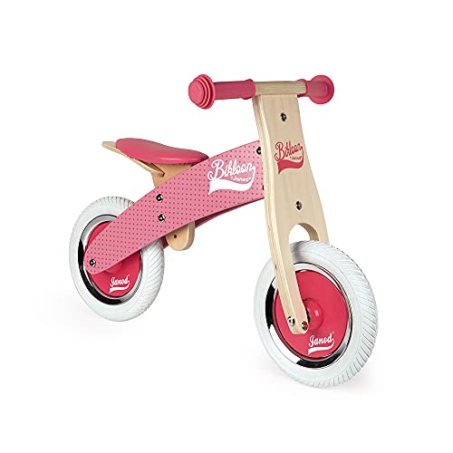 Janod - Mi primera Bicicleta sin pedales Bikloon - Madera - Aspecto Vintage - Aprendiendo Equilibrio y Autonomía - Silla Ajustable y Neumáticos Inflables - Color Rosa - A partir de 2 años