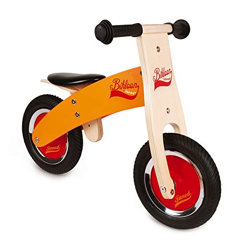 Janod - My First Little Bikloon - Bicicleta sin Pedales de Madera, Ideal para Desarrollar el Equilibrio y La Autonomía - Desde Los 2 Años (Naranja y Rojo), J03263