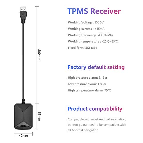 Jansite Sistema de monitoreo de presión de neumáticos USB TPMS, Sistema de monitoreo de Alarma de presión de neumáticos para Reproductor de navegación Android para automóvil con sensores externos