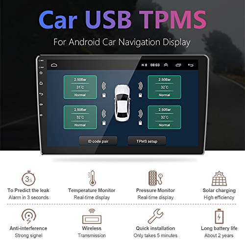 Jansite Sistema de monitoreo de presión de neumáticos USB TPMS, Sistema de monitoreo de Alarma de presión de neumáticos para Reproductor de navegación Android para automóvil con sensores externos