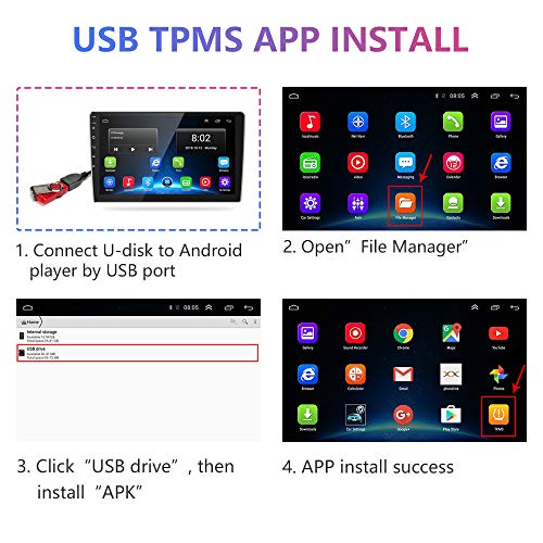 Jansite Sistema de monitoreo de presión de neumáticos USB TPMS, Sistema de monitoreo de Alarma de presión de neumáticos para Reproductor de navegación Android para automóvil con sensores externos