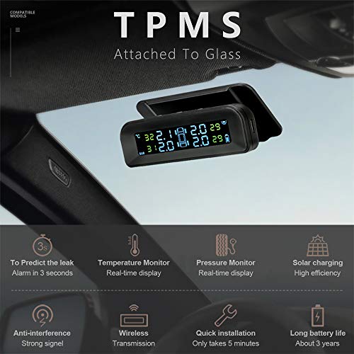 Jansite TPMS Sistema de monitoreo de presión de neumáticos solar 22-87Psi montaje en parabrisas con 4 sensores externos para neumáticos de coche en tiempo real sistema de alarma automática inalámbrica