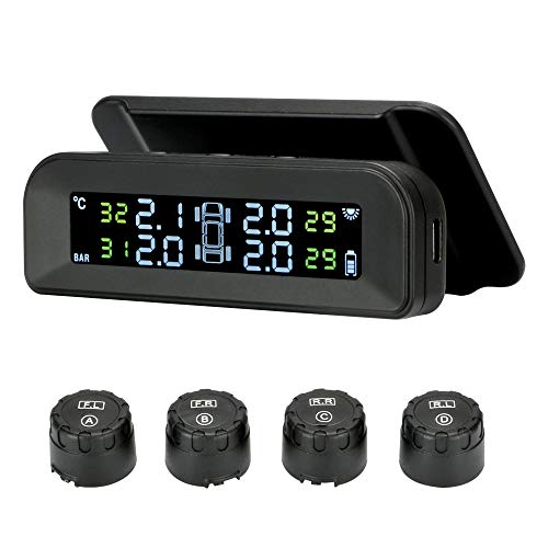 Jansite TPMS Sistema de monitoreo de presión de neumáticos solar 22-87Psi montaje en parabrisas con 4 sensores externos para neumáticos de coche en tiempo real sistema de alarma automática inalámbrica