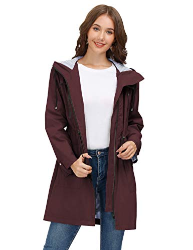 JASAMBAC Chubasqueros largos para mujer impermeables con capucha cortavientos Outwear chaqueta de lluvia gabardina, rojo vino, M