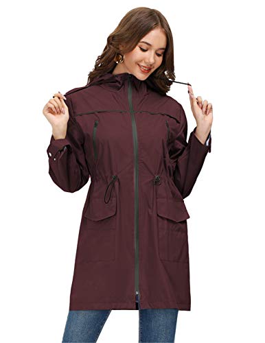 JASAMBAC Chubasqueros largos para mujer impermeables con capucha cortavientos Outwear chaqueta de lluvia gabardina, rojo vino, M