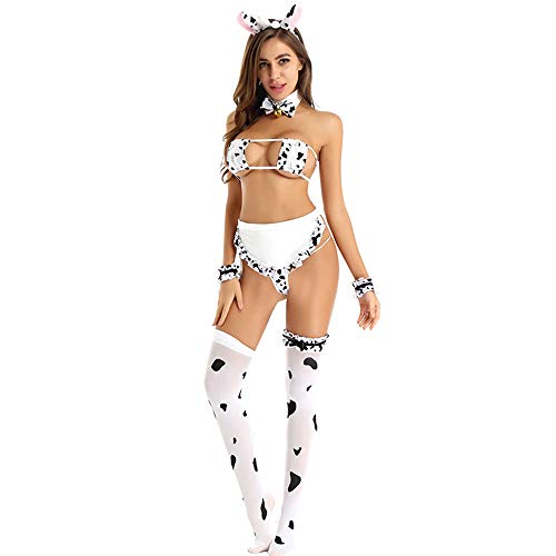 JasmyGirls Lencería sexy para mujer, disfraz de vaca de leche peluda Kawaii Anime Bikini Set Mini sujetador de leopardo y bragas, White2, talla única