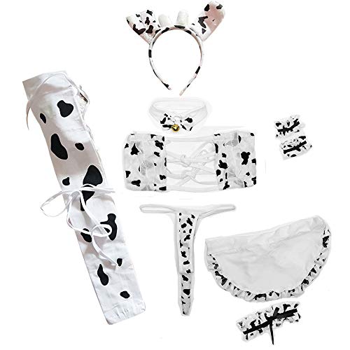 JasmyGirls Lencería sexy para mujer, disfraz de vaca de leche peluda Kawaii Anime Bikini Set Mini sujetador de leopardo y bragas, White2, talla única