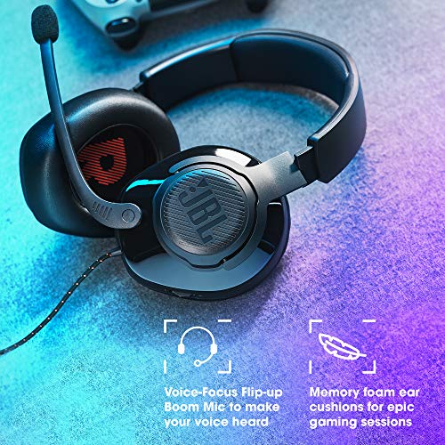 JBL Quantum 200 Auriculares para gamers con sonido QuantumSOUND y micrófono, con un diseño llamativo, compatible con múltiples plataformas, en negro