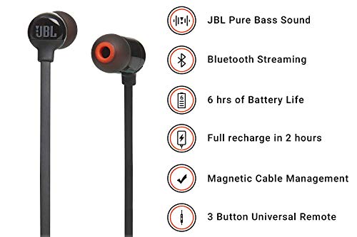 JBL T110BT - Auriculares inalámbricos con sonido Pure Bass, Bluetooth, mando a distancia y micrófono, batería de hasta 6 horas, 2h de recarga, negro
