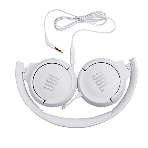 JBL Tune 500 - Auriculares supraaurales de cable y control remoto de un solo botón, micrófono incluido, asistente de voz, blanco