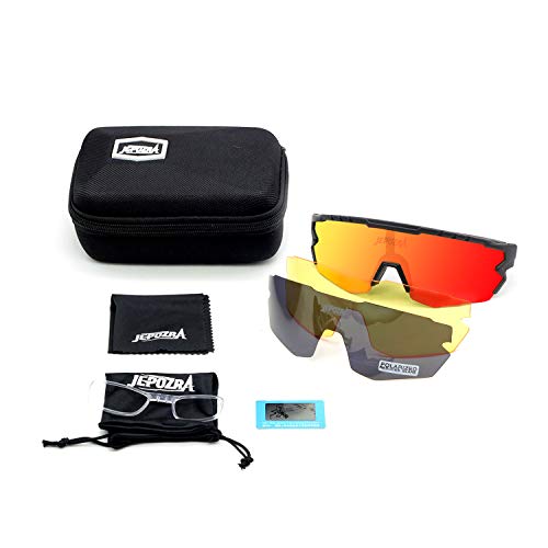 JEPOZRA Gafas Ciclismo Polarizadas, Gafas de Conducción de Medio Cuadro con 3 Lentes Intercambiables, Gafas de Protección UV para Montar Se Adapta al Esquí Correr Ciclismo,Deportes al Aire Libre