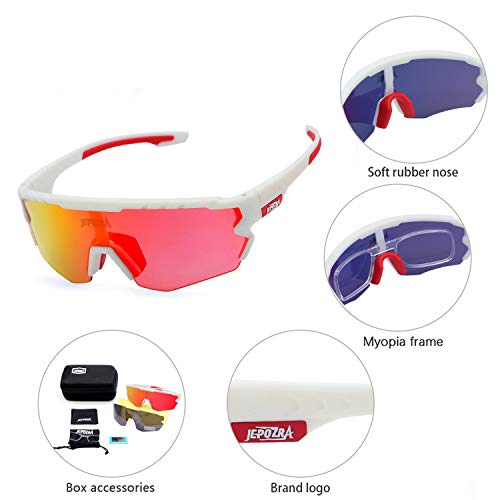 JEPOZRA Gafas Ciclismo Polarizadas, Gafas de Conducción de Medio Cuadro con 3 Lentes Intercambiables, Gafas de Protección UV para Montar Se Adapta al Esquí Correr Ciclismo,Deportes al Aire Libre