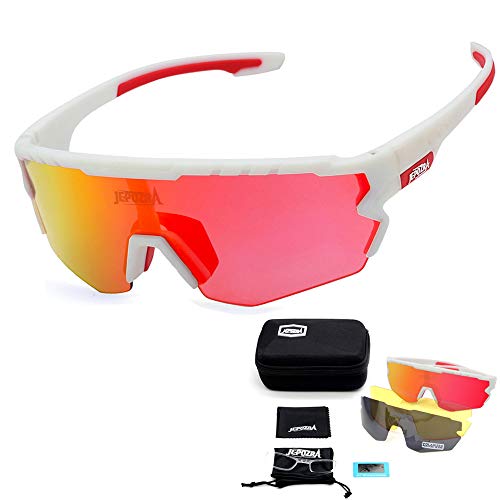 JEPOZRA Gafas Ciclismo Polarizadas, Gafas de Conducción de Medio Cuadro con 3 Lentes Intercambiables, Gafas de Protección UV para Montar Se Adapta al Esquí Correr Ciclismo,Deportes al Aire Libre