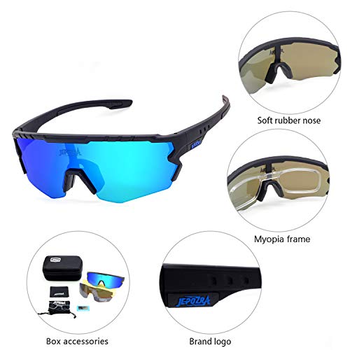 JEPOZRA Gafas Ciclismo Polarizadas, Gafas de Conducción de Medio Cuadro con 3 Lentes Intercambiables, Gafas de Protección UV para Montar Se Adapta al Esquí Correr Ciclismo,Deportes al Aire Libre