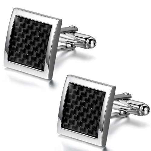 JewelryWe Gemelos de Camisa Negro Cuadrado, Clásico Fibra de Carbono Aleación, Mancuerna diseño Elegante para Hombre, Negro Plata