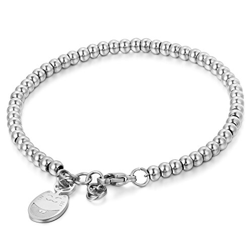 JewelryWe Joyería Pulsera De Suerte para Mujer, Acero Inoxidable Pulido, Bolas Bolitas Estilo Sencillo, Colgante Gato Adorable para la Buena Fortuna, Color Oro Rosa Plata