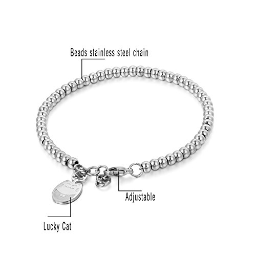 JewelryWe Joyería Pulsera De Suerte para Mujer, Acero Inoxidable Pulido, Bolas Bolitas Estilo Sencillo, Colgante Gato Adorable para la Buena Fortuna, Color Oro Rosa Plata