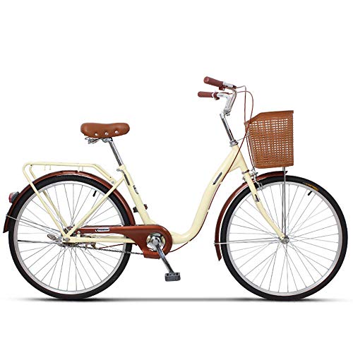 JHKGY Bicis De Crucero,Bicicleta Retro De Una Sola Velocidad para Adultos,Single Speed Comfort Bikes para Hombres Mujeres,con Cesta Y Cremalleras Traseras,Beige,24 Inch