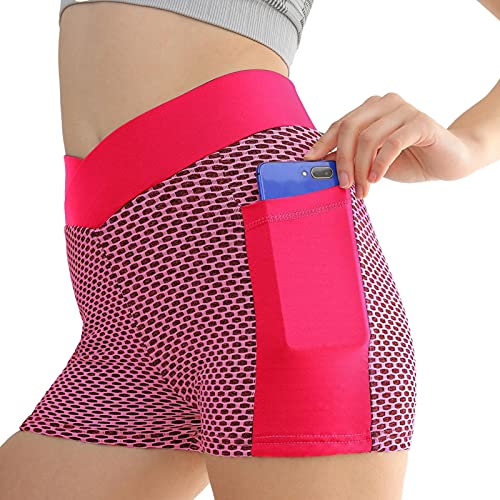 Jiangying Cintura Alta de Mujeres Spandex Spandex Yoga Shorts para Bolsillos para Bicicletas Hort Yoga Bolsillos Laterales de la Cintura Alta Entrenamiento para Correr Pantalones Cortos Natural