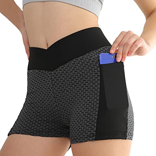 Jiangying Cintura Alta de Mujeres Spandex Spandex Yoga Shorts para Bolsillos para Bicicletas Hort Yoga Bolsillos Laterales de la Cintura Alta Entrenamiento para Correr Pantalones Cortos Natural