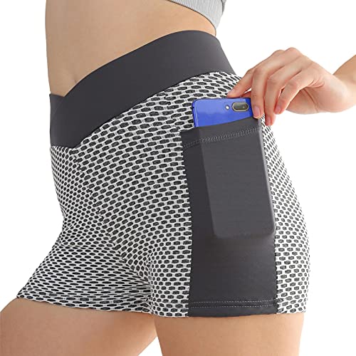 Jiangying Cintura Alta de Mujeres Spandex Spandex Yoga Shorts para Bolsillos para Bicicletas Hort Yoga Bolsillos Laterales de la Cintura Alta Entrenamiento para Correr Pantalones Cortos Natural