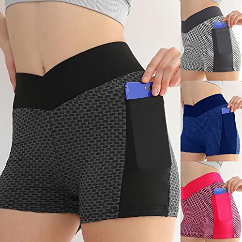 Jiangying Cintura Alta de Mujeres Spandex Spandex Yoga Shorts para Bolsillos para Bicicletas Hort Yoga Bolsillos Laterales de la Cintura Alta Entrenamiento para Correr Pantalones Cortos Natural