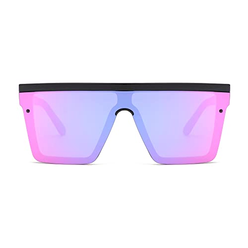 JIM HALO Gafas de Sol Grande Unisex. Lentes Espejo o Degradadas sin Marco. Diseño Moderno. [Montura Negra | Lente Violeta Espejo]