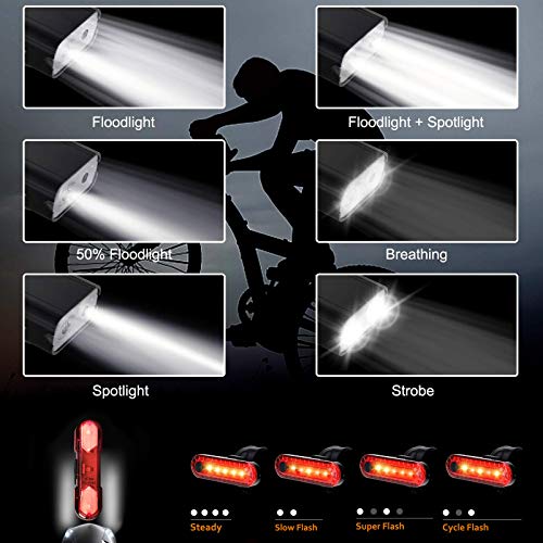 JINPXI Luz de Bicicleta LED, Luz de Bicicleta Recargable USB 6 Modos 2400 mAh Kit de Luces Delanteras y Luces Traseras LED Impermeables para Bicicleta Faros Delanteros y Traseros para Ciclismo