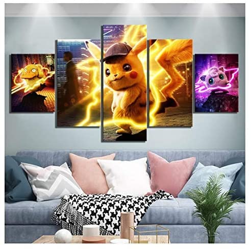 J&LILI Liaoge HD Print Picture Pósteres 5 PC, Pokemon Detective Pikachu Película, Pintura De Lona Arte De La Pared Decoración para El Hogar para Dormitorio, con Marco,L