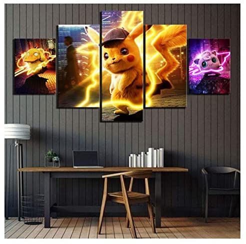 J&LILI Liaoge HD Print Picture Pósteres 5 PC, Pokemon Detective Pikachu Película, Pintura De Lona Arte De La Pared Decoración para El Hogar para Dormitorio, con Marco,L