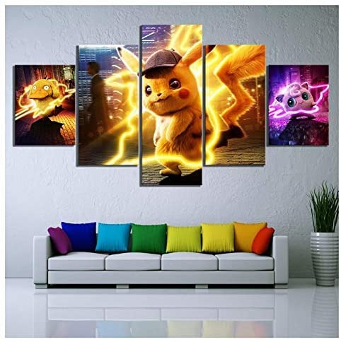 J&LILI Liaoge HD Print Picture Pósteres 5 PC, Pokemon Detective Pikachu Película, Pintura De Lona Arte De La Pared Decoración para El Hogar para Dormitorio, con Marco,L