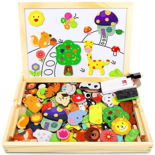 Jojoin 110 pcs Puzzles de Madera Magnética, Juguete Madera con Pizarra Magnética para Dibujo de Doble Cara, Juguete Educativo de Rompecabezas y Dibujo para NIños de 3 4 5 Años (Animales en Bosque)