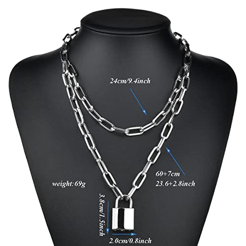 Jrzyhi Collar de plata con colgante de candado, estilo punk, varias capas, cadena larga punk, cadena gruesa con candado, unisex