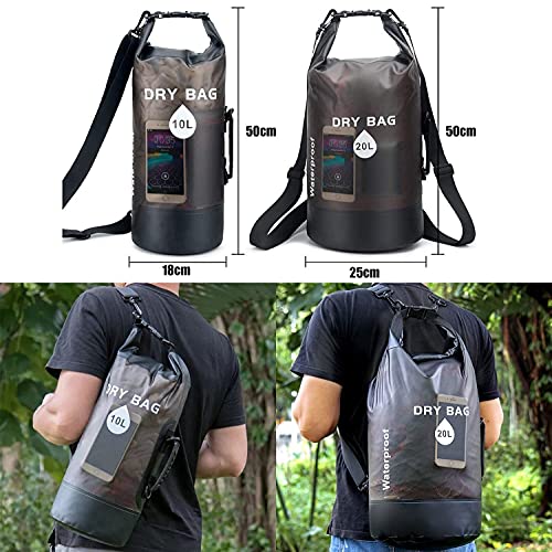 JSL HOME Bolsas Impermeable Mochila para llevar en Seco, Translúcida, Perfecta para Navegar, Kayak, Senderismo, Piragüismo, Pesca, Natación, Camping, Snowboard, Bandolera ajustable Negro 20L