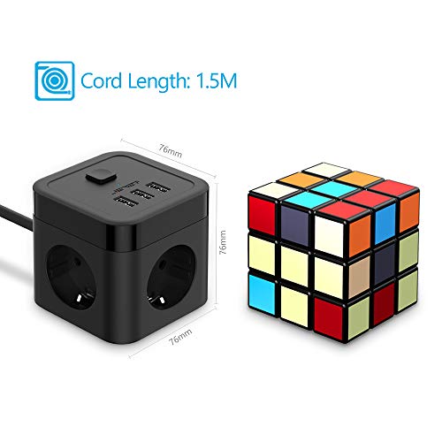 JSVER Cube Regleta Enchufe con USB de 3 Tomas con 3 USB Puertos Alargadera Electrica Protección contra Sobretensiones para el hogar, la Oficina y los ViajesCable 1.5 m Negro