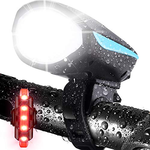 Juego de luces para bicicleta con bocina USB recargable LED faro de bicicleta, luz trasera y campana para advertencia de seguridad de ciclismo, bicicleta, impermeable, 3 modos de iluminación, 5 sonido