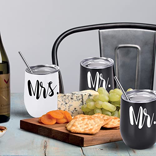 Juego taza vino acero inoxidable, taza acero inoxidable con tapa y pajita, taza café viaje con aislamiento al vacío, copas vino para acampar, regalo compromiso Mr & Mrs, regalos boda