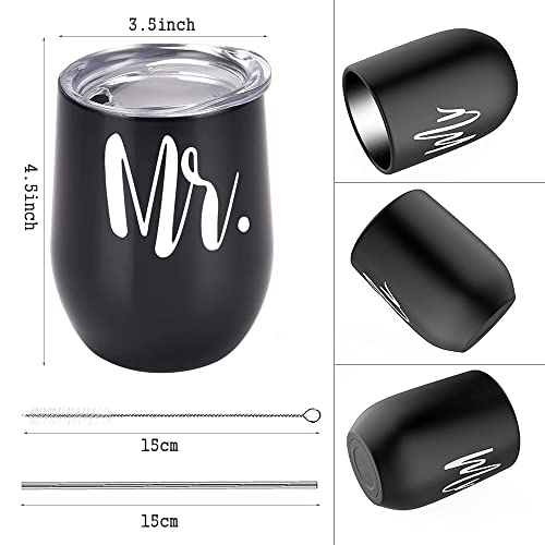 Juego taza vino acero inoxidable, taza acero inoxidable con tapa y pajita, taza café viaje con aislamiento al vacío, copas vino para acampar, regalo compromiso Mr & Mrs, regalos boda