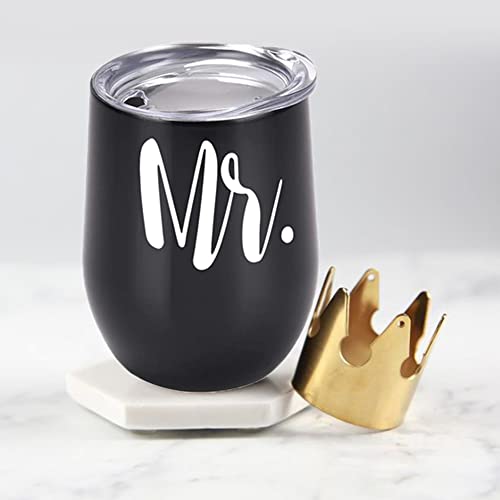 Juego taza vino acero inoxidable, taza acero inoxidable con tapa y pajita, taza café viaje con aislamiento al vacío, copas vino para acampar, regalo compromiso Mr & Mrs, regalos boda