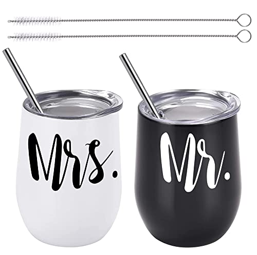 Juego taza vino acero inoxidable, taza acero inoxidable con tapa y pajita, taza café viaje con aislamiento al vacío, copas vino para acampar, regalo compromiso Mr & Mrs, regalos boda