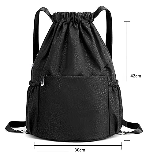 JUL Bolsa de deporte con cordón, impermeable, con cremallera, bolsillo interior exterior, bolsa de gimnasio, bolsa ajustable, ligera, mochila escolar, mochila para hombre y mujer, Negro , M