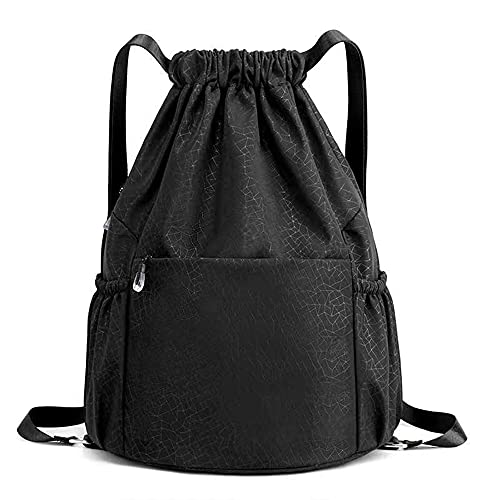 JUL Bolsa de deporte con cordón, impermeable, con cremallera, bolsillo interior exterior, bolsa de gimnasio, bolsa ajustable, ligera, mochila escolar, mochila para hombre y mujer, Negro , M