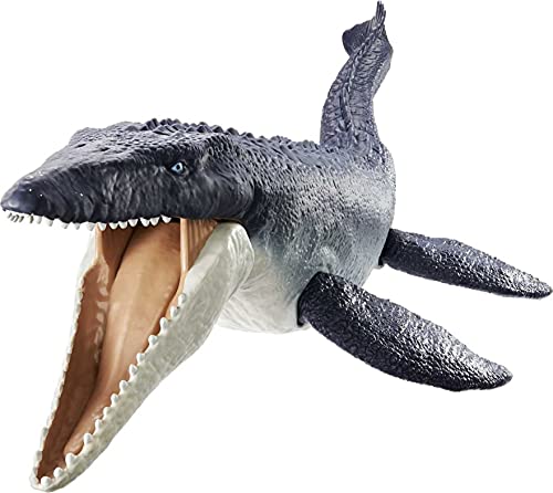 Jurassic World Mosasaurus defensor del océano Dinosaurio articulado hecho con plastico reciclado, figura de juguete para niños (Mattel HCB04)