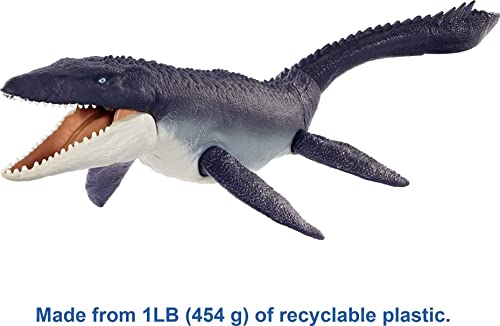 Jurassic World Mosasaurus defensor del océano Dinosaurio articulado hecho con plastico reciclado, figura de juguete para niños (Mattel HCB04)