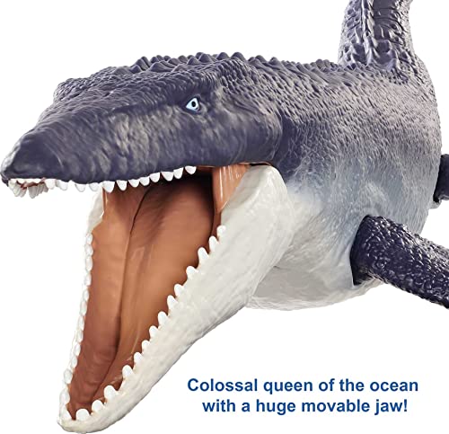 Jurassic World Mosasaurus defensor del océano Dinosaurio articulado hecho con plastico reciclado, figura de juguete para niños (Mattel HCB04)