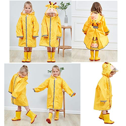 JZK Chubasquero impermeable poncho Impermeables chaquetas capa lluvia con mangas y capucha y rayas reflectantes para niños y niñas de 2-4 4-6 6-10 años, (M, Amarillo)